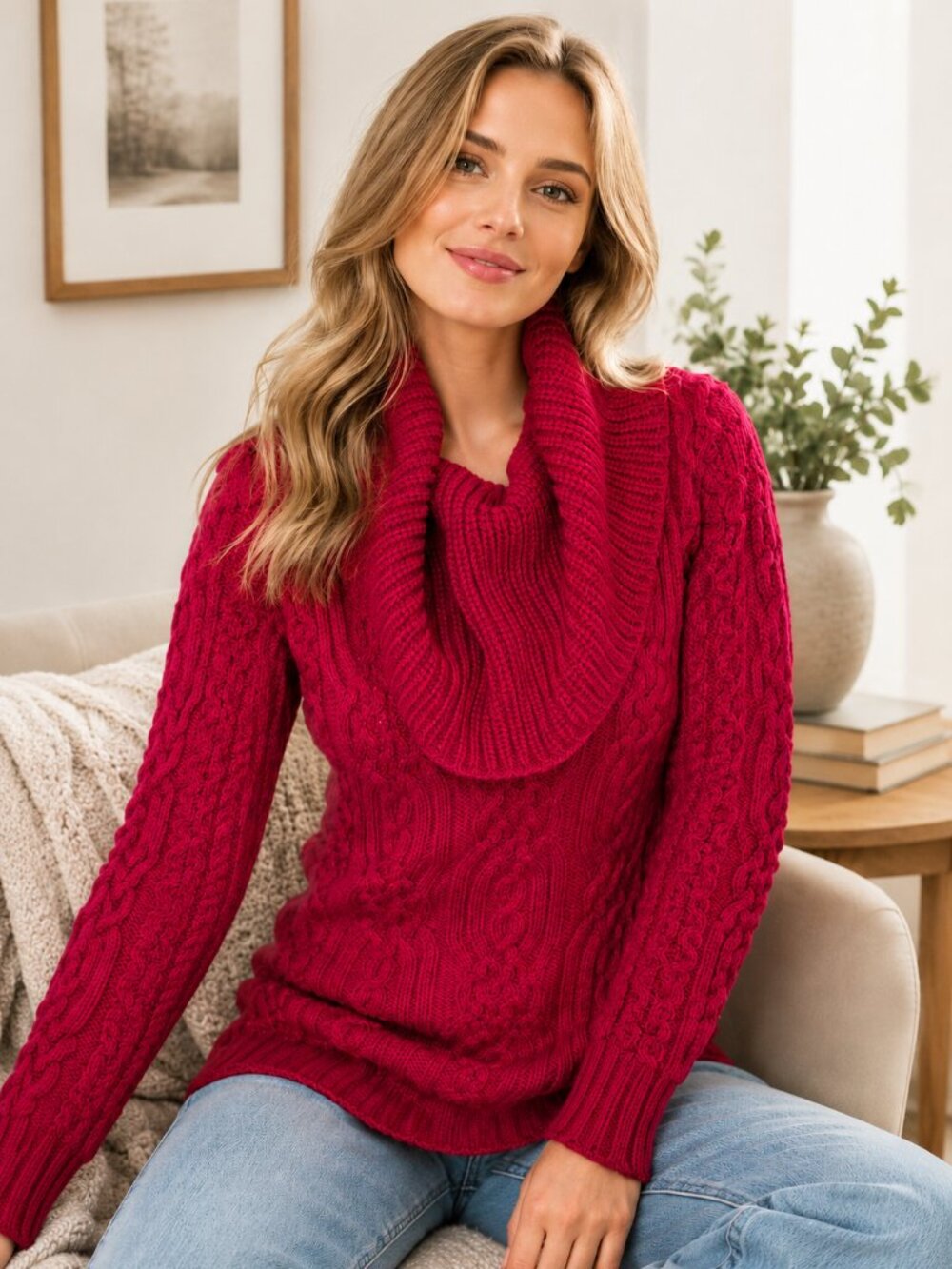 Aran Mor Merino Wool Turtleneck Cable Knit Sweater Made in Ireland Cranberry